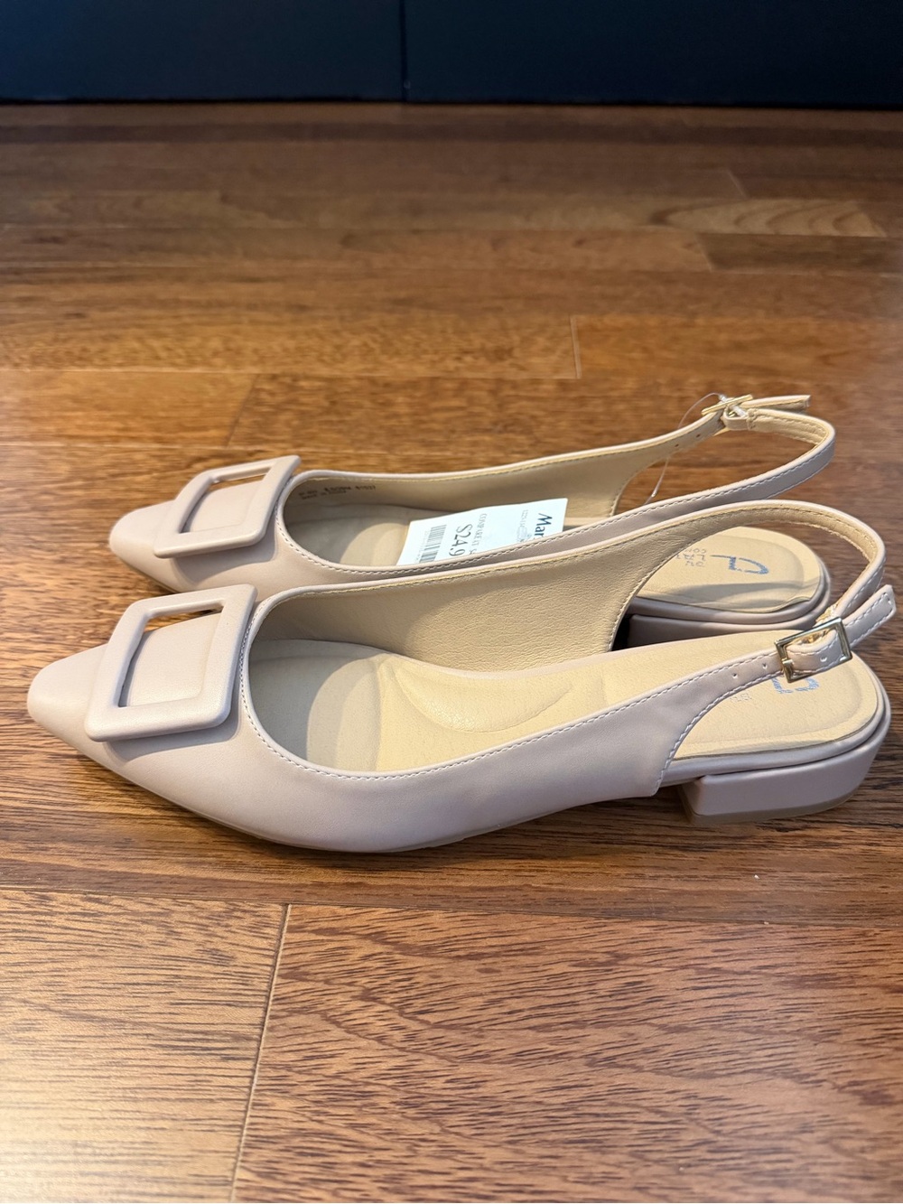 Women’s Neutral Slingback Square-Toe Flats with Decorative Buckle